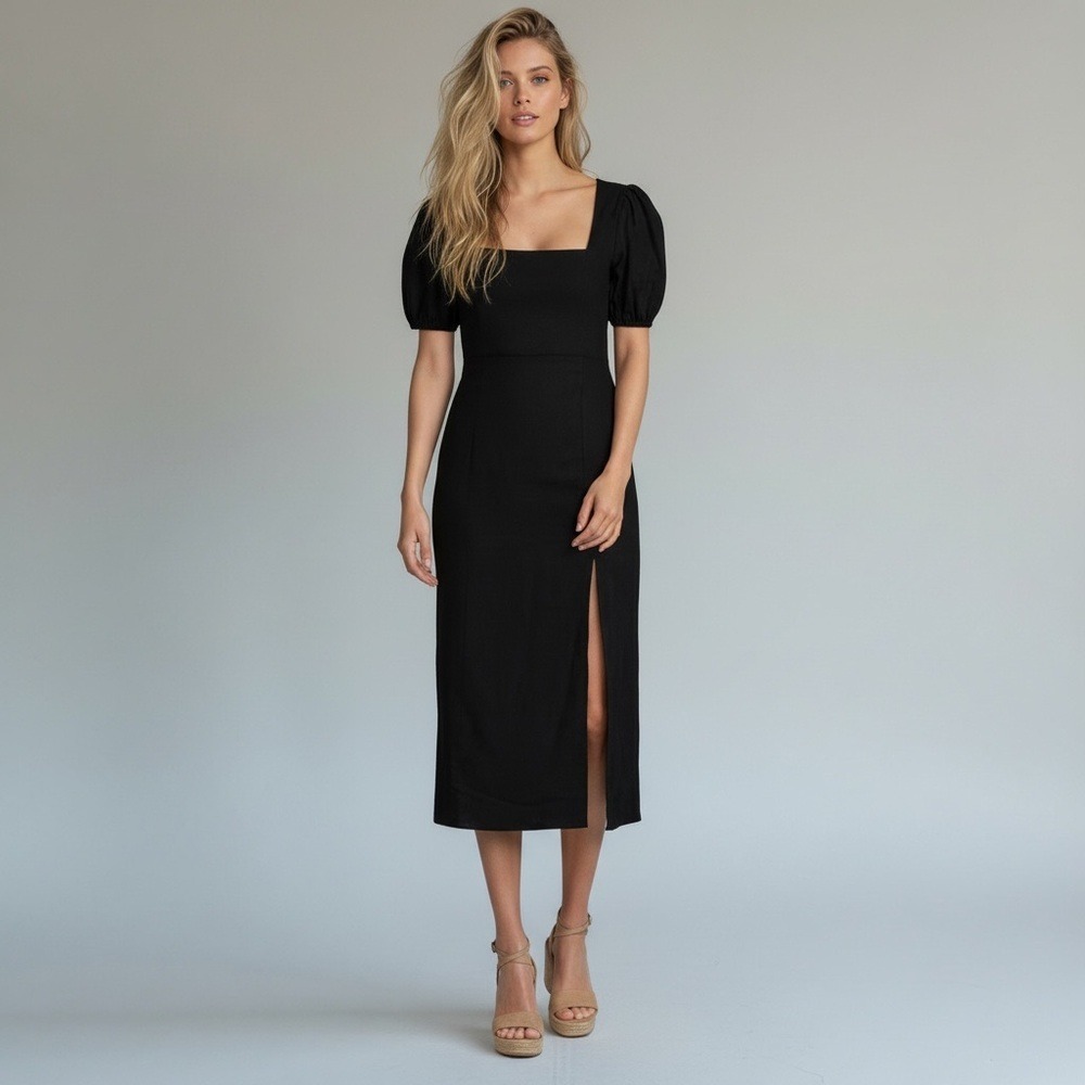 Gianni Bini Black with Short Sleeve Puff Sleeves Open Back Midi Dress